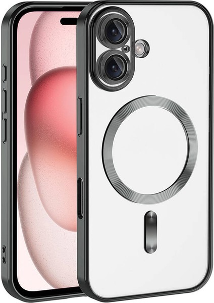 Case World Apple iPhone 16 Mag Safe Özellikli Lens Korumalı Logo Gösteren Şeffaf Luxury Silikon Kılıf -Siyah