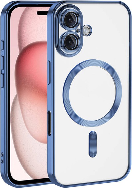 Case World Apple iPhone 16 Mag Safe Özellikli Lens Korumalı Logo Gösteren Şeffaf Luxury Silikon Kılıf -Mavi