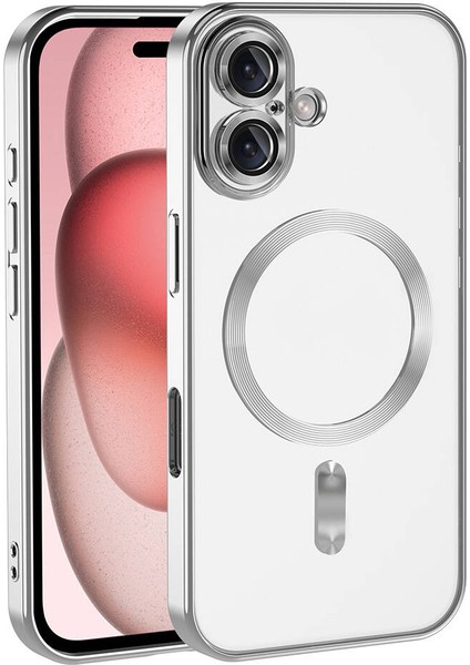 Apple iPhone 16 Mag Safe Özellikli Lens Korumalı Logo Gösteren Şeffaf Luxury Silikon Kılıf - Titanyum Gri