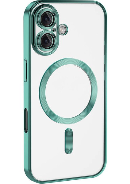 Apple iPhone 16 Plus Mag Safe Özellikli Lens Korumalı Logo Gösteren Şeffaf Luxury Silikon Kılıf -Yeşil