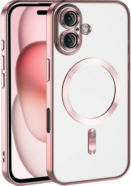 Apple iPhone 16 Mag Safe Özellikli Lens Korumalı Logo Gösteren Şeffaf Luxury Silikon Kılıf - Rose Gold