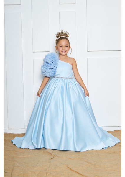 Mavi Rosetta Kız Çocuk Abiye Elbise Tek Omuz A-Line Düğün İçin Maxi Boy