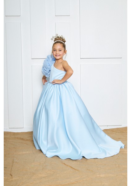 Mavi Rosetta Kız Çocuk Abiye Elbise Tek Omuz A-Line Düğün İçin Maxi Boy fiyatları