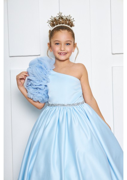 Mavi Rosetta Kız Çocuk Abiye Elbise Tek Omuz A-Line Düğün İçin Maxi Boy modelleri