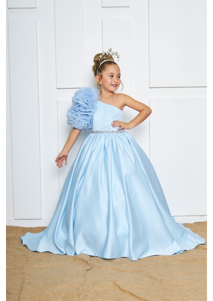 Mavi Rosetta Kız Çocuk Abiye Elbise Tek Omuz A-Line Düğün İçin Maxi Boy fırsatları