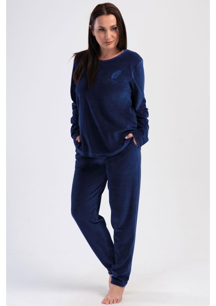 Kadın Büyük Beden Kadife Uzun Kol İndigo Pijama Takım C5T8N0O304