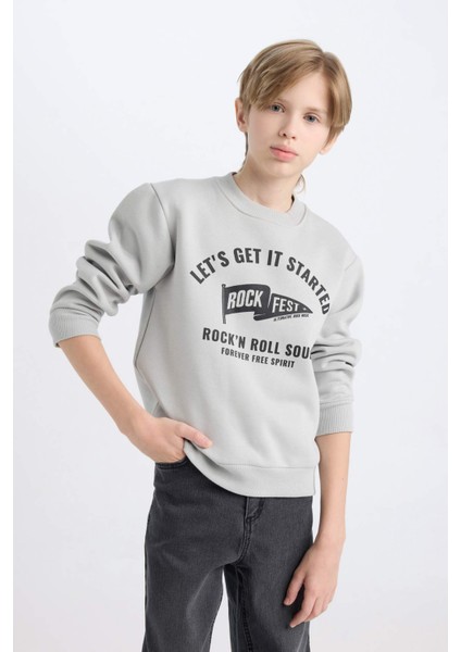 Erkek Çocuk Bisiklet Yaka Baskılı Kalın Sweatshirt D4345A824WN