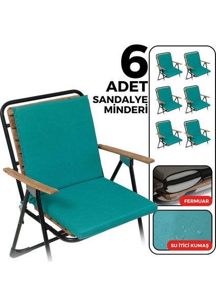 x permate 6'lı Sandalye Minderi Su Itici Kumaş 40 x 40 cm Sünger Sırtlıklı Sandalye Minderi Bağcıklı Turkuaz