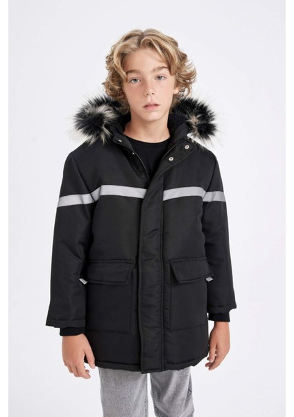 Erkek Çocuk Çıkarılabilir Suni Kürk Yaka Kapüşonlu Pelüş Astar Parka C8786A824WN