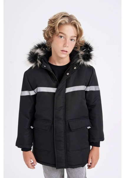 Erkek Çocuk Çıkarılabilir Suni Kürk Yaka Kapüşonlu Pelüş Astar Parka C8786A824WN