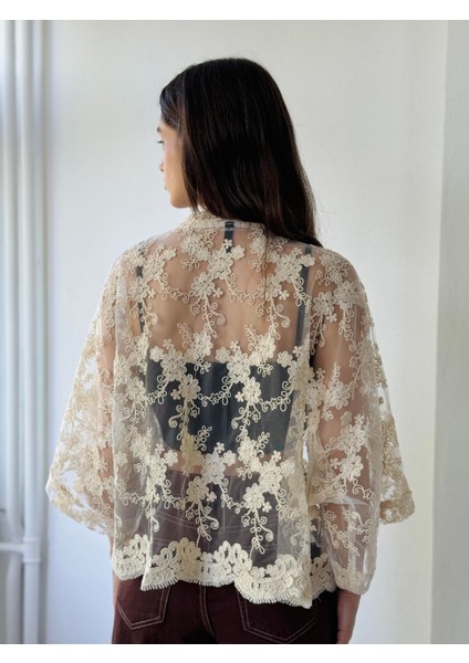 Tasarım Tül Mini Kimono Kadın Krem