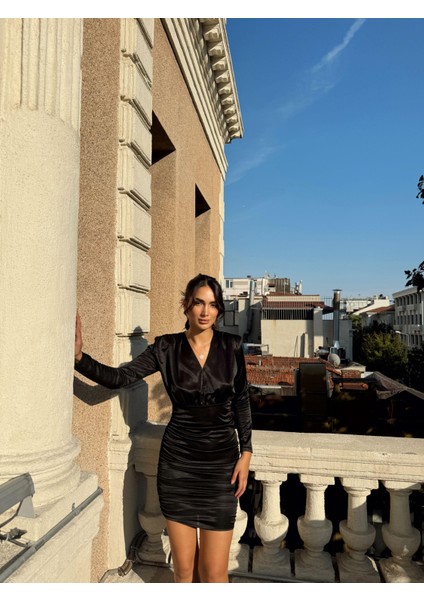 Farah Drapeli Vatkalı Saten Elbise 582687 Siyah
