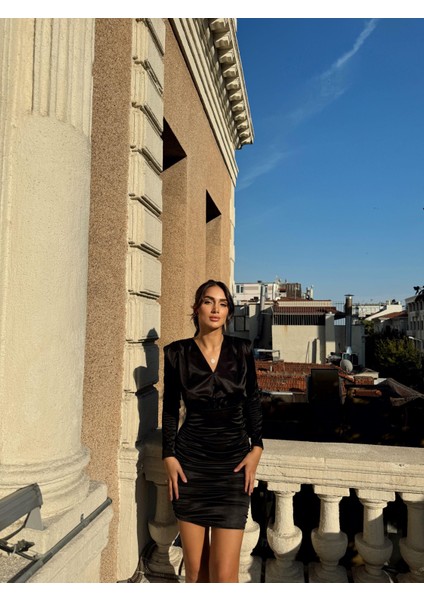 Farah Drapeli Vatkalı Saten Elbise 582687 Siyah