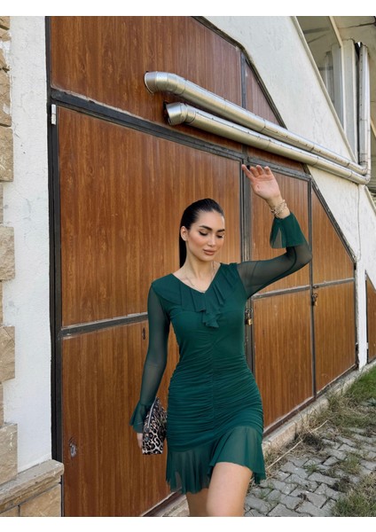 Tül Büzgülü Desenli V Yaka Elbise 3028 Zümrüt