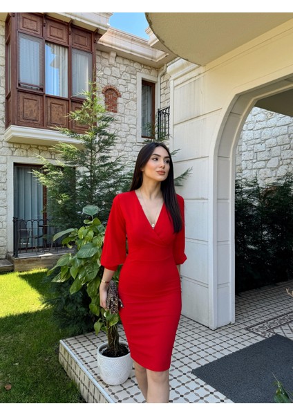 Tuna Kruvaze Yaka Midi Boy Kalem Elbise 58706 Kırmızı K5X Fs fırsatları