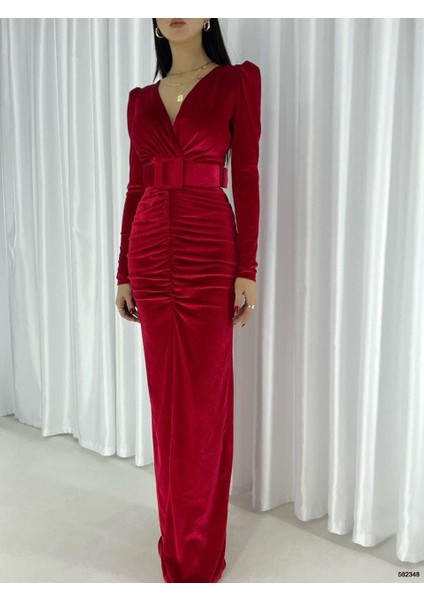 Quinn Kemer Detay Simli Kadife Elbise 582348 Kırmızı