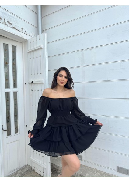 Kat Kat Volanlı Şifon Elbise 2831 Siyah D1X