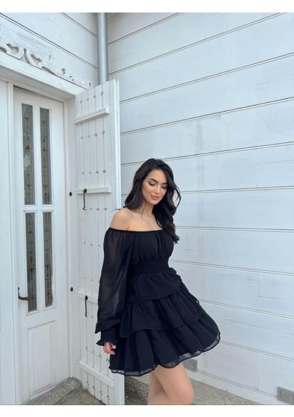 Kat Kat Volanlı Şifon Elbise 2831 Siyah D1X modelleri