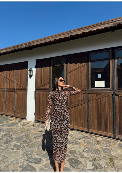 Büzgülü Maxi Tül Elbise 3079 Kahve modelleri