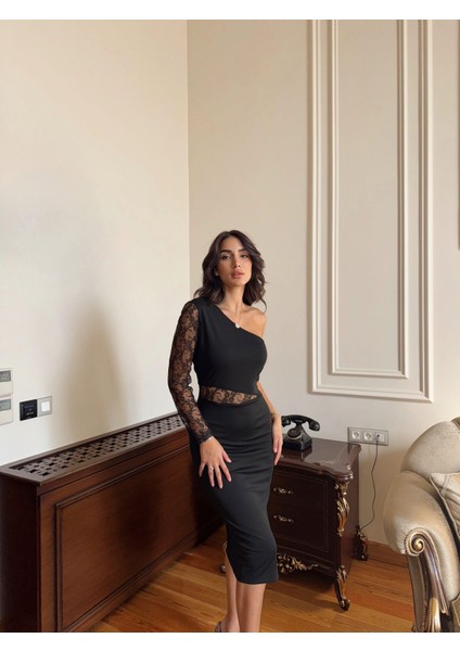 Keira Tek Kol Transparan Tül Midi Elbise 1208 Siyah