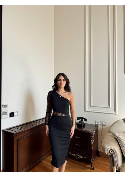 Keira Tek Kol Transparan Tül Midi Elbise 1208 Siyah