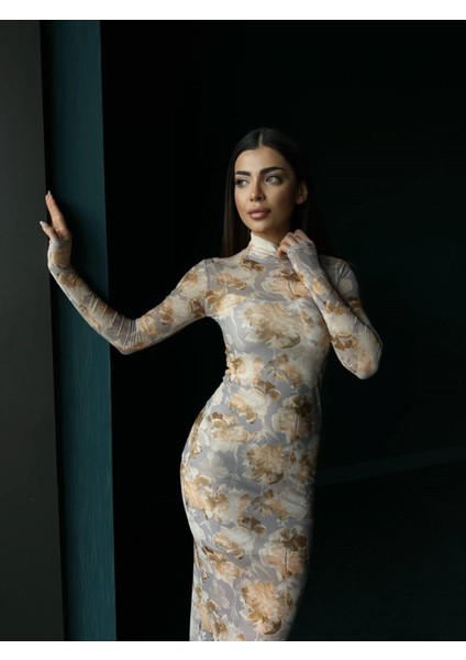 Hannah Baskılı Tül Elbise 56634 Taş Rengi fiyatları
