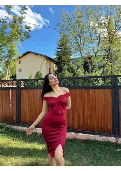 Ursula Madonna Yaka Kemerli Yırtmaçlı Elbise 582486 Bordo modelleri