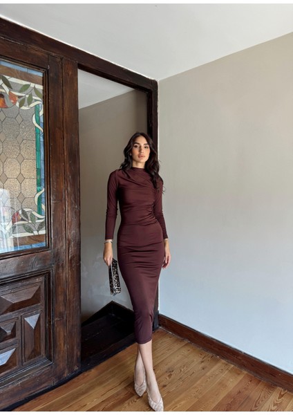 Büzgülü Maxi Elbise 3046 Acı Kahve