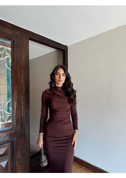 Büzgülü Maxi Elbise 3046 Acı Kahve