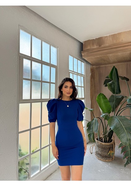 Joanne Karpuz Kol Mini Elbise 582540 Saks Mavisi