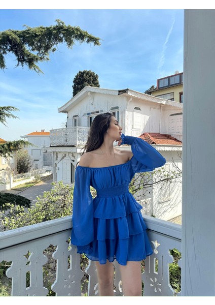 Kat Kat Volanlı Şifon Elbise 2831 Saks Mavisi D1X modelleri