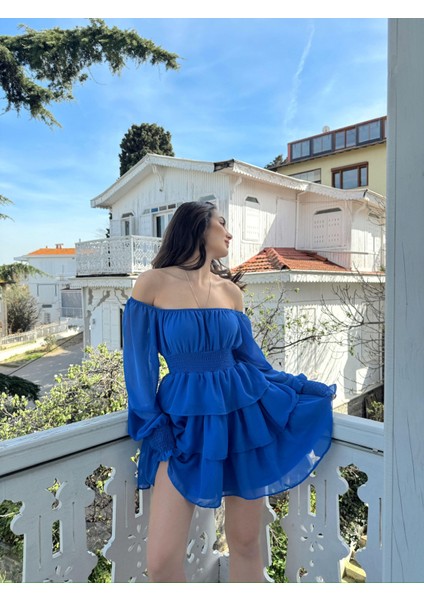 Kat Kat Volanlı Şifon Elbise 2831 Saks Mavisi D1X fırsatları
