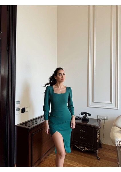 Arsima Kare Yaka Yırtmaçlı Midi Boy Elbise Yeşil J5X modelleri