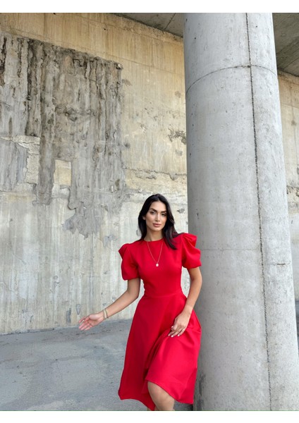 Berra Karpuz Kol Midi Elbise 2249 Kırmızı modelleri