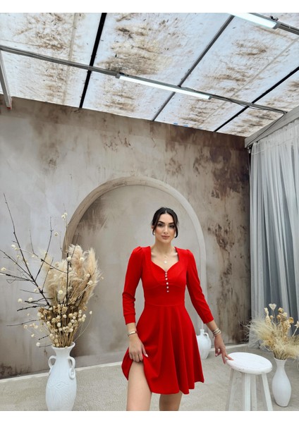 Tina Düğme Detay Kloş Elbise 581961 Kırmızı modelleri