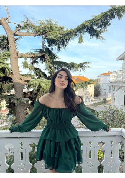 Kat Kat Volanlı Şifon Elbise 2831 Yeşil D1X