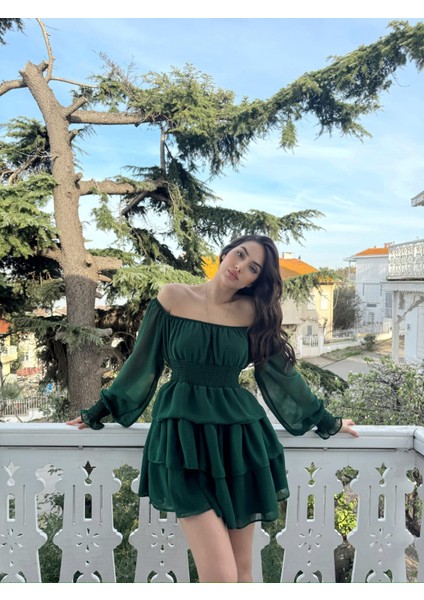 Kat Kat Volanlı Şifon Elbise 2831 Yeşil D1X modelleri