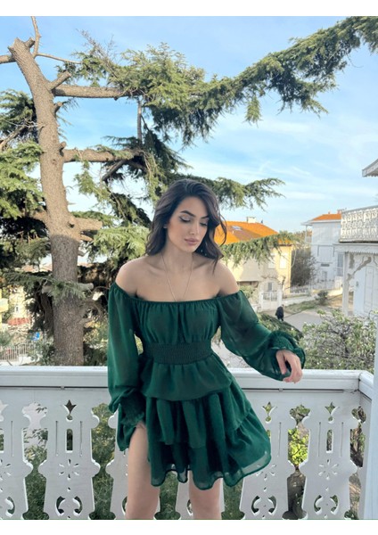 Kat Kat Volanlı Şifon Elbise 2831 Yeşil D1X fırsatları