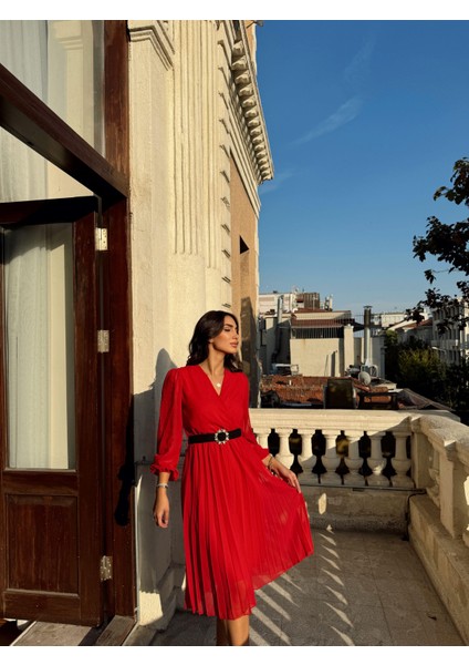Pliseli Şifon Elbise 3073 Kırmızı fiyatları
