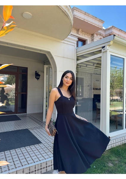Yankı Kalın Askılı Kloş Midi Elbise 581800 Siyah