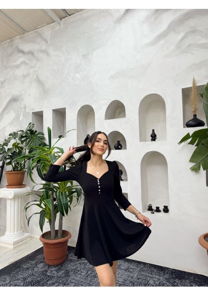 Tina Düğme Detay Kloş Elbise 581961 Siyah