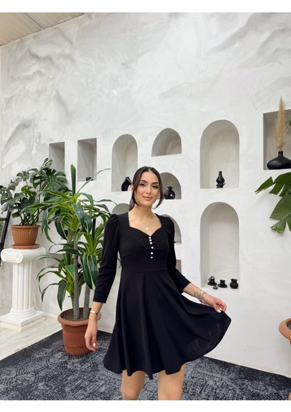 Tina Düğme Detay Kloş Elbise 581961 Siyah