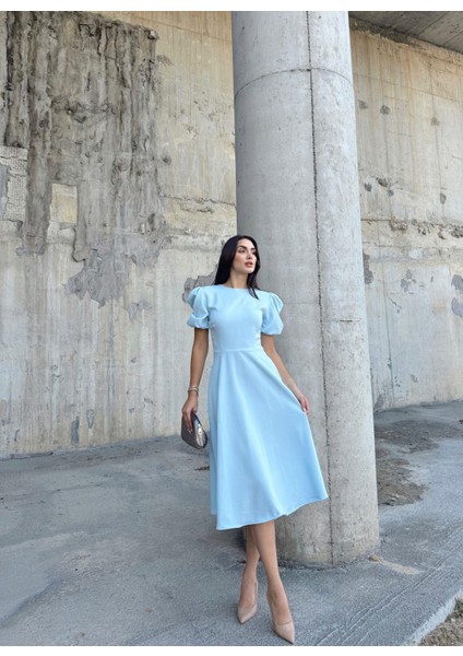 Berra Karpuz Kol Midi Elbise 2249 Bebe Mavi