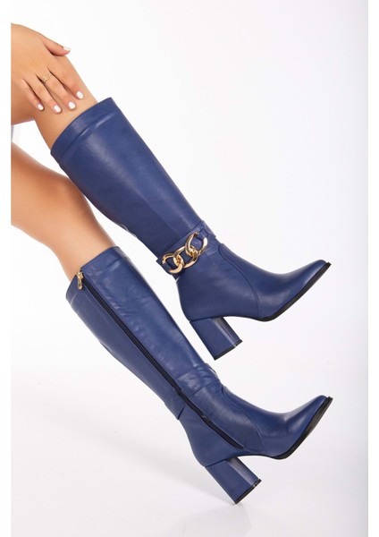 Kadın Deri Toka Detaylı Çizme - Saks Mavi