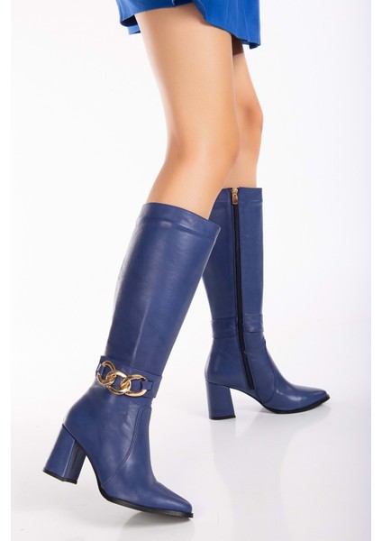 Kadın Deri Toka Detaylı Çizme - Saks Mavi modelleri