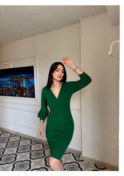 Tuna Kruvaze Yaka Midi Boy Kalem Elbise 58706 Zümrüt Yeşili K5X Fs fiyatları