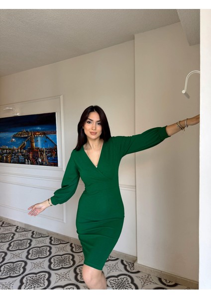 Tuna Kruvaze Yaka Midi Boy Kalem Elbise 58706 Zümrüt Yeşili K5X Fs modelleri