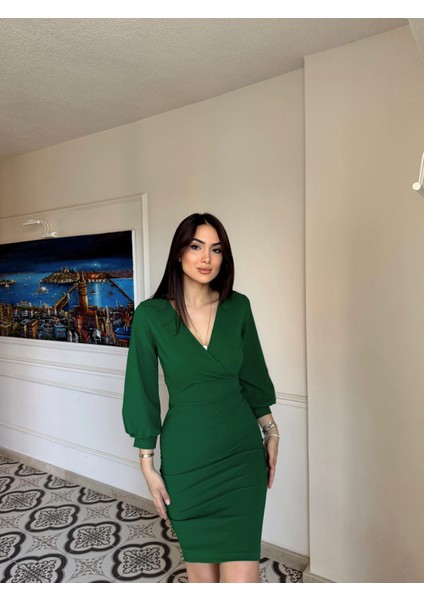 Tuna Kruvaze Yaka Midi Boy Kalem Elbise 58706 Zümrüt Yeşili K5X Fs fırsatları