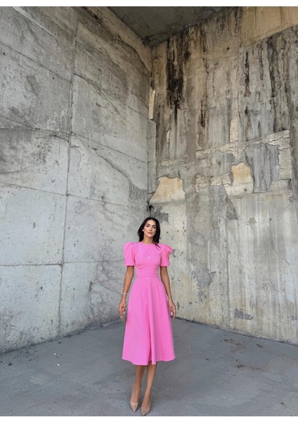 Berra Karpuz Kol Midi Elbise 2249 Pembe