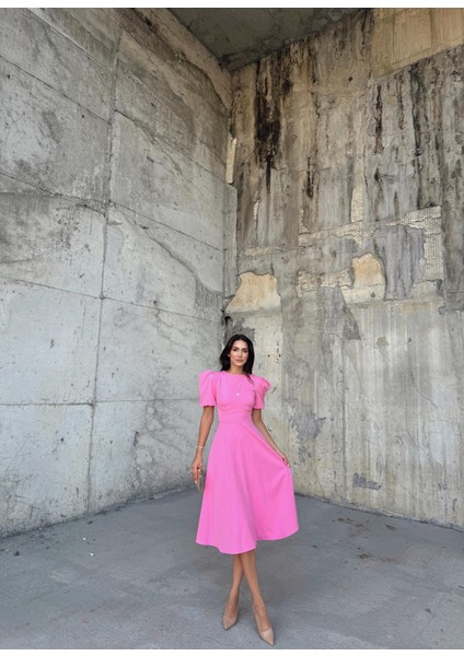 Berra Karpuz Kol Midi Elbise 2249 Pembe modelleri